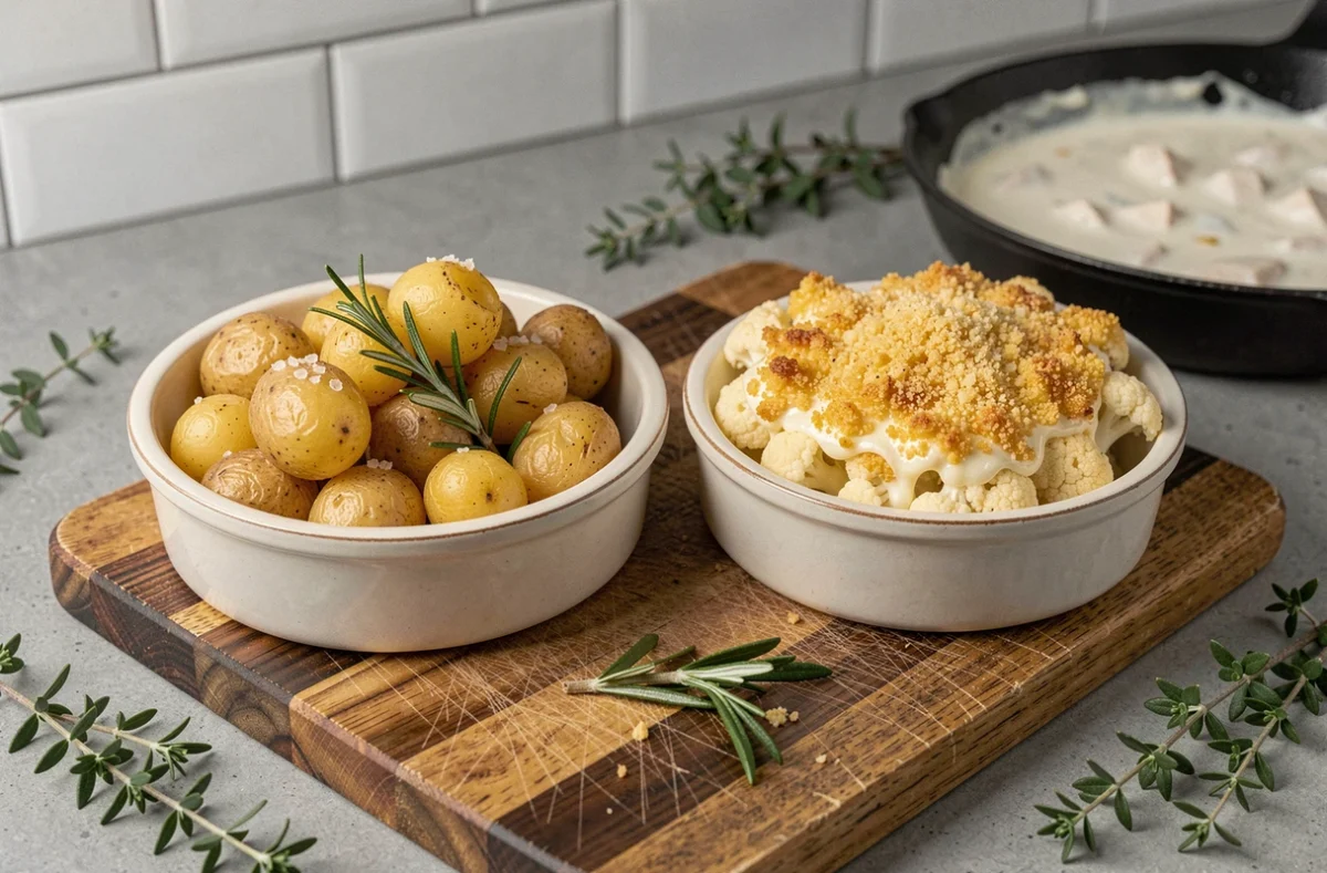 Gros plan sur des pommes de terre rôties et un gratin de chou-fleur servis avec un poulet à la crème