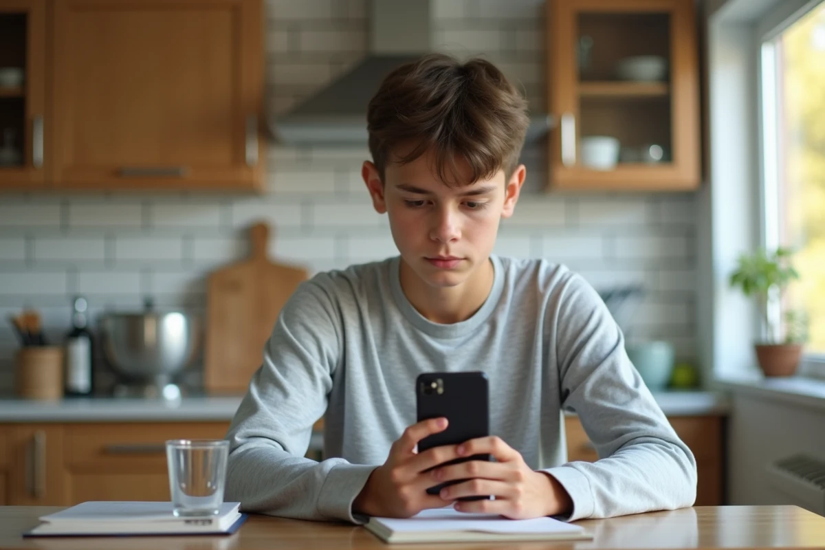 Adolescent révisant l'ASSR sur son smartphone à la table de la cuisine avec un manuel scolaire