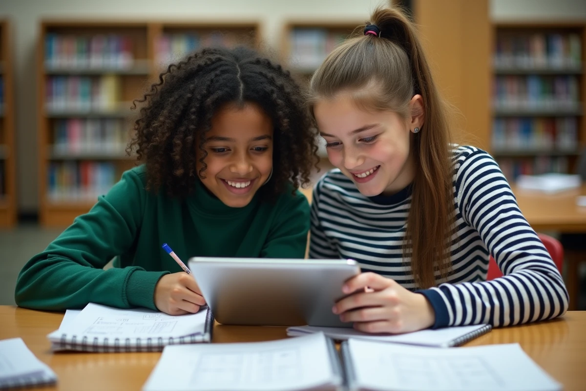 Deux adolescentes qui révisent ensemble l'ASSR avec une tablette et des fiches imprimées dans une bibliothèque