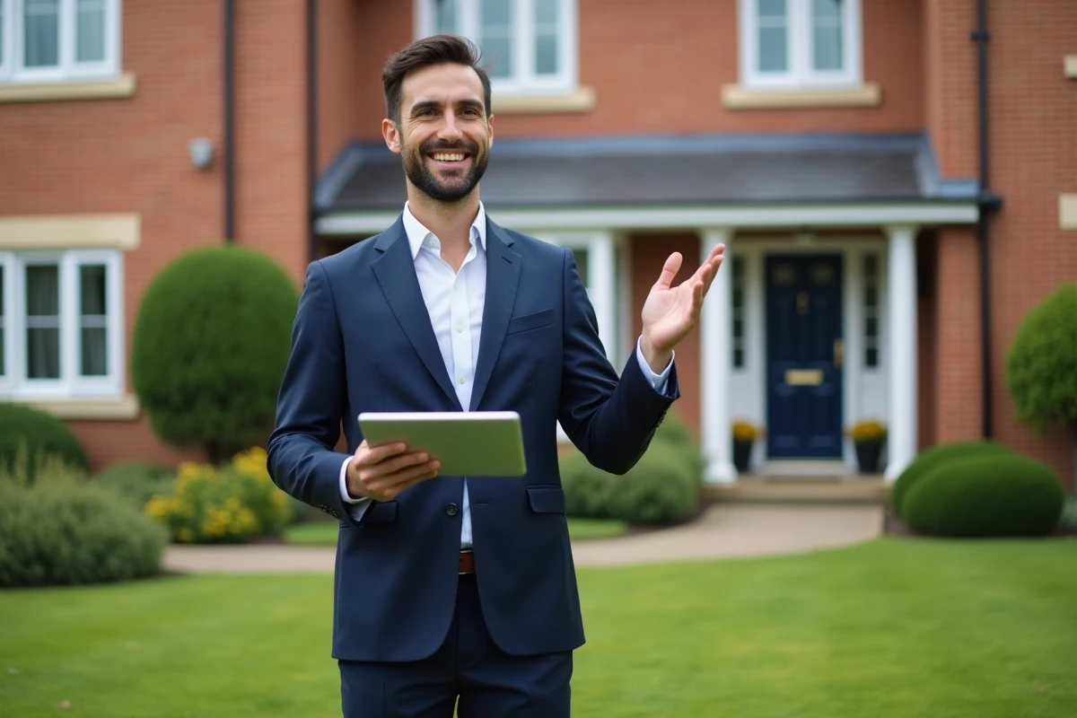 Agent immobilier en costume devant une maison rénovée tenant une tablette avec des données de propriété