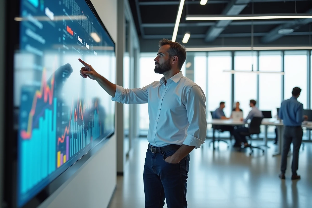 Professionnel du digital analysant des données web sur un grand écran interactif dans un bureau moderne en France