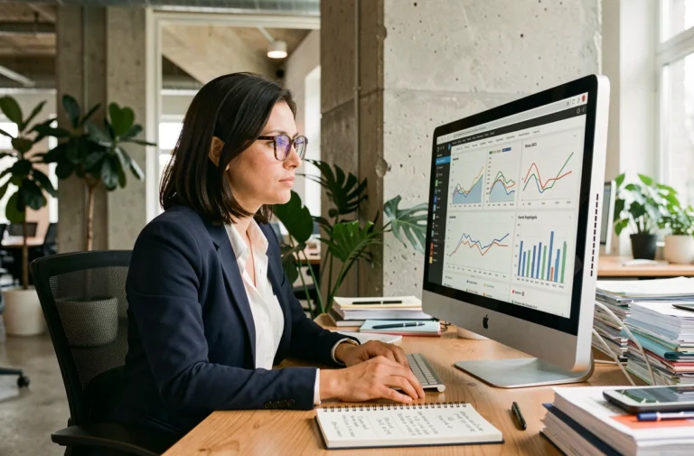 Professionnelle analysant des données de référencement SEO sur un grand écran dans un bureau moderne en 2024