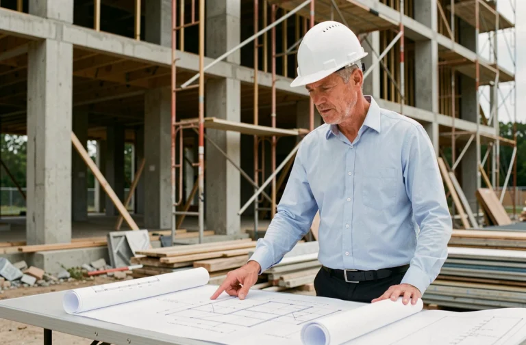 Architecte en chantier examinant des plans de construction pour un projet immobilier