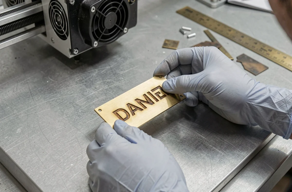 Artisan positionnant une plaque en laiton gravée au laser dans une machine de gravure en atelier