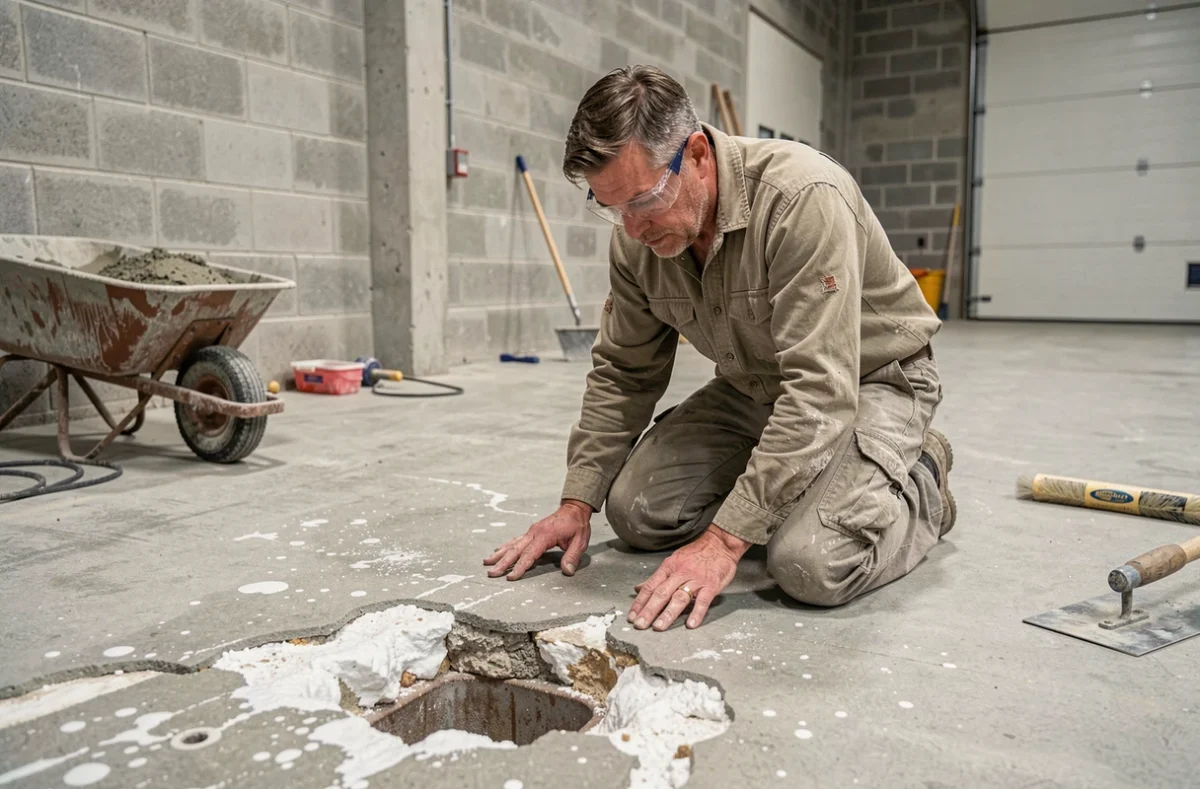 Artisan inspectant un sol en béton quartzé présentant des défauts d'efflorescence dans un garage commercial