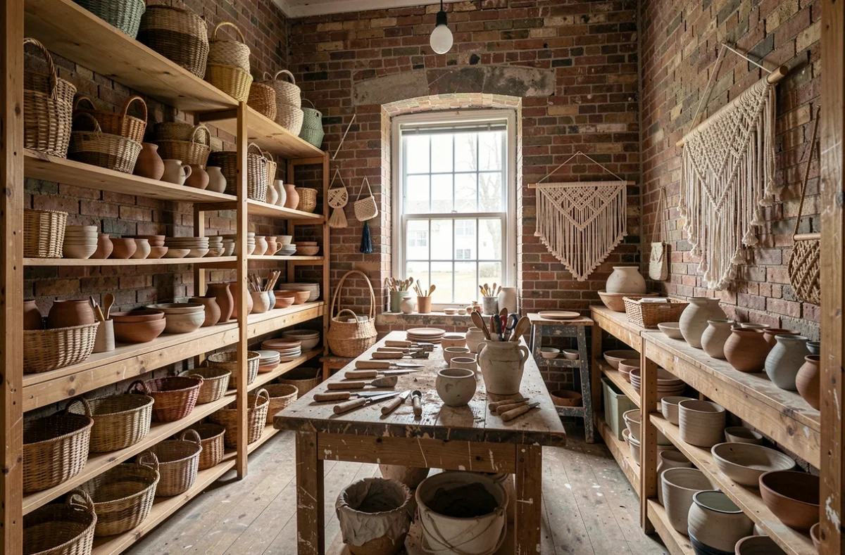 Atelier artisanal avec étagères en bois remplies de paniers tressés, suspensions en macramé et poteries faites main sur fond de briques apparentes
