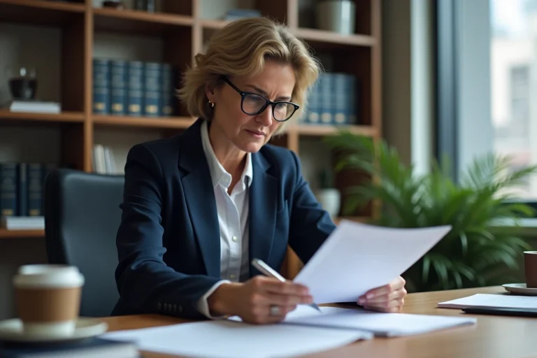 Professionnelle immobilière examinant un bail commercial pour l'ouverture d'une micro-crèche dans un bureau administratif moderne