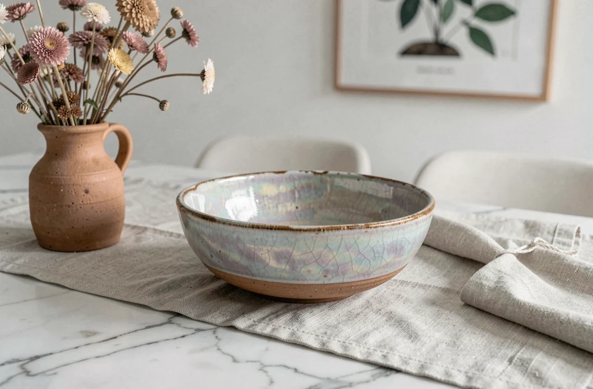 Bol en céramique raku fait main posé sur une table en marbre avec fleurs séchées et vaisselle artisanale dans un intérieur style scandinave