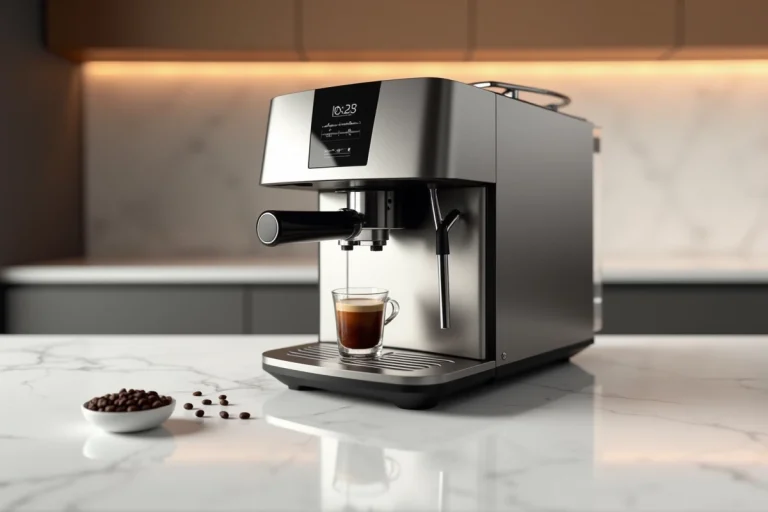 Cafetière à grain Krups EA815070 posée sur un plan de travail en marbre blanc avec une tasse d'espresso fraîchement préparée
