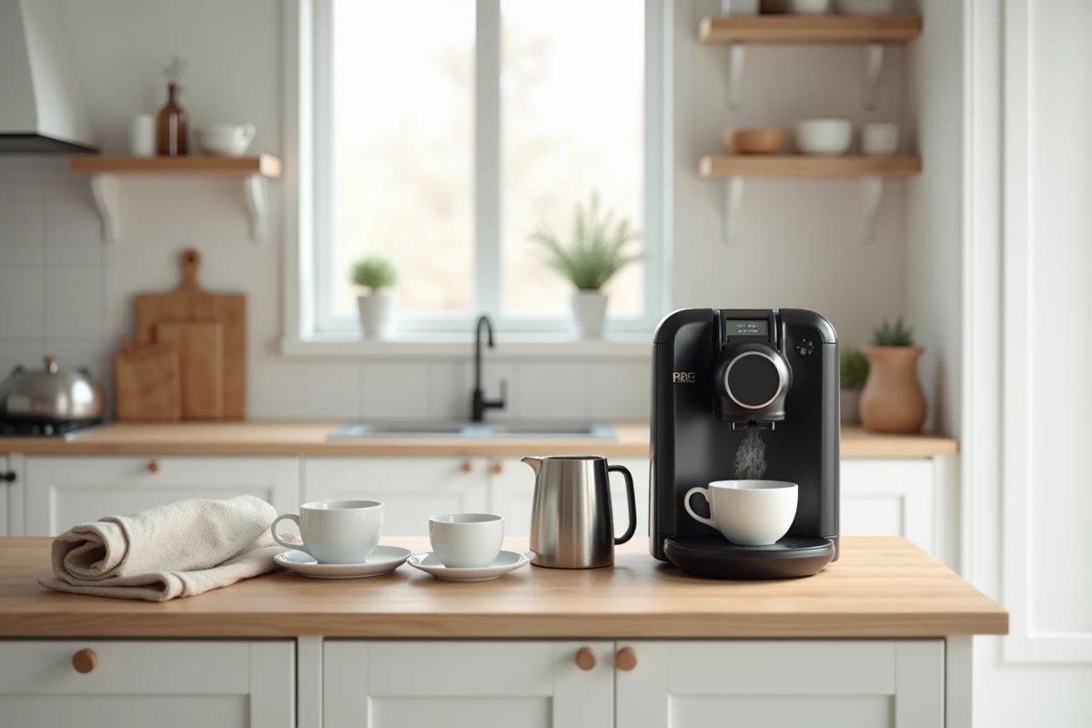 Machine à café à grain Krups EA815070 dans une cuisine scandinave moderne avec tasses et cruche à lait en acier inoxydable