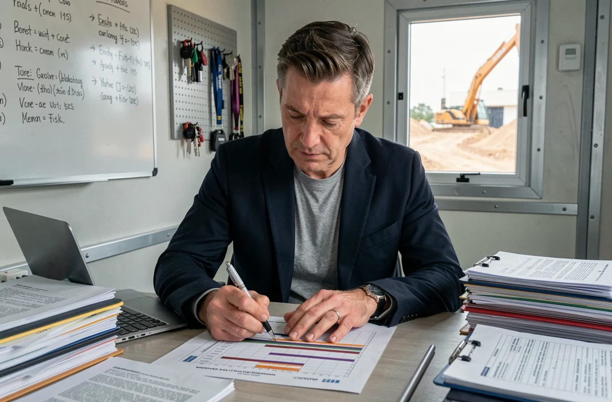 Chef de projet immobilier annotant un planning de travaux dans un bureau de chantier