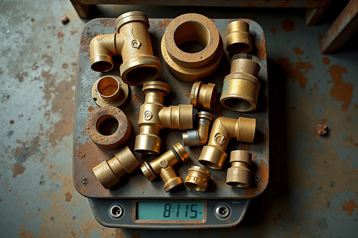 Chutes de bronze variées posées sur une balance industrielle dans un centre de recyclage de métaux non ferreux