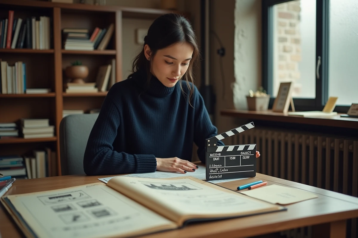 Réalisatrice travaillant sur un scénario dans un bureau créatif entouré de références cinématographiques