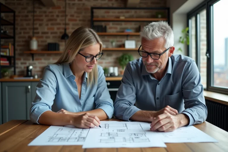 Couple de professionnels examinant des plans immobiliers et des documents d'investissement sur une table en bois dans un appartement moderne