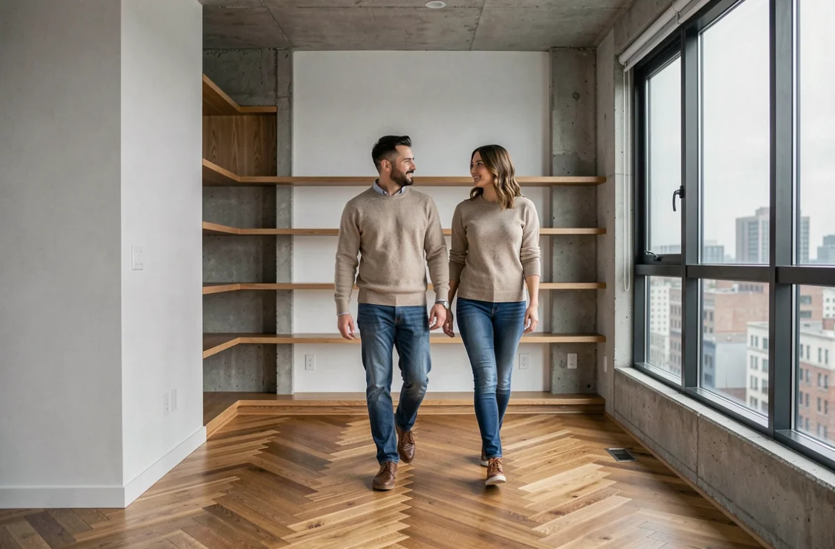 Couple visitant un appartement vide lors d'une visite immobilière, astuces pour bien choisir sa location