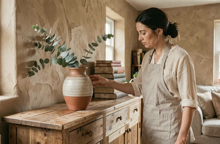 Femme artisane disposant un vase en céramique fait main sur un meuble en chêne massif dans un salon au décor naturel et chaleureux