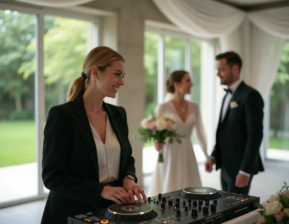 DJ femme discutant des détails musicaux avec des mariés dans une salle de mariage moderne avec vue sur jardin