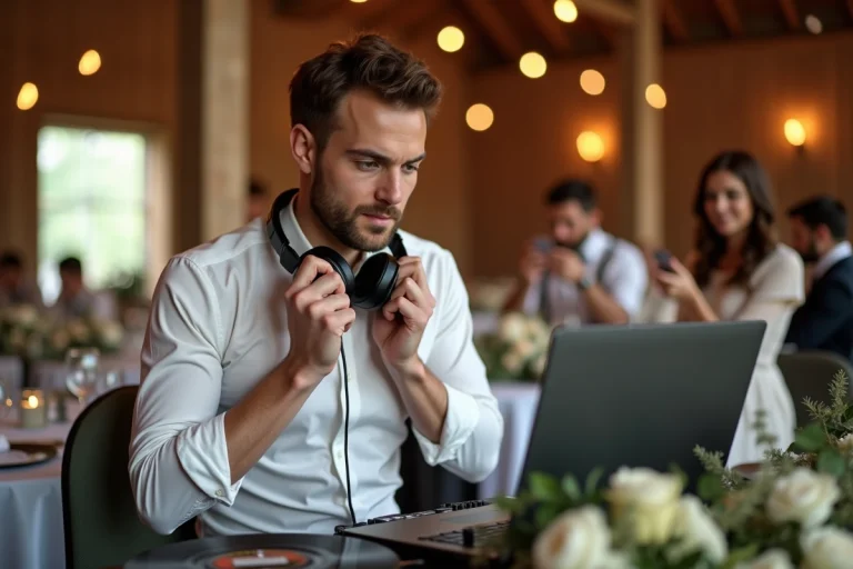 DJ de mariage sélectionnant une playlist musicale pour animer le jeu des 12 mois lors d'une réception en grange rustique