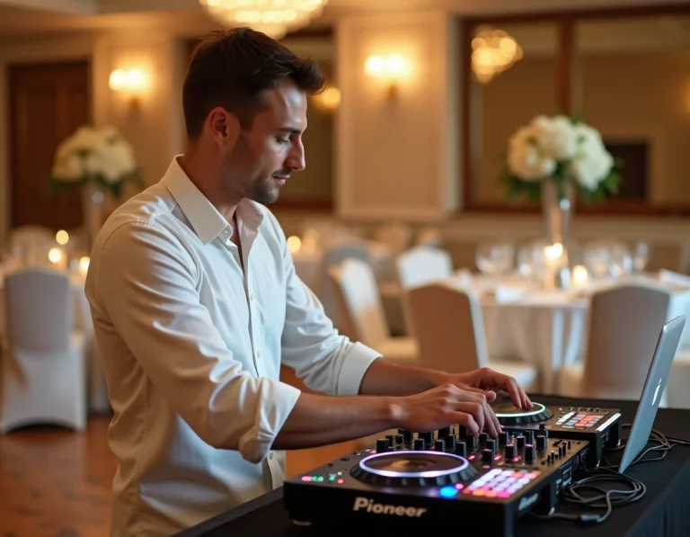 DJ professionnel mixant lors d'une réception de mariage dans une salle de bal élégante avec équipement Pioneer