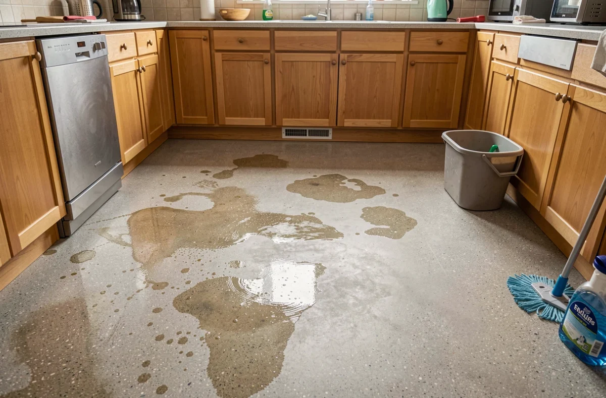 Sol en béton quartzé de cuisine domestique marqué par des taches et une usure inégale du scellant