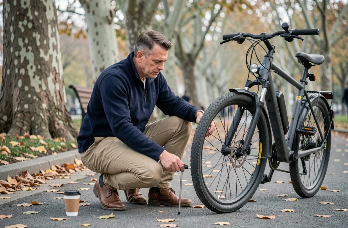 Homme vérifiant la pression des pneus de son vélo électrique sur une piste cyclable en parc en automne