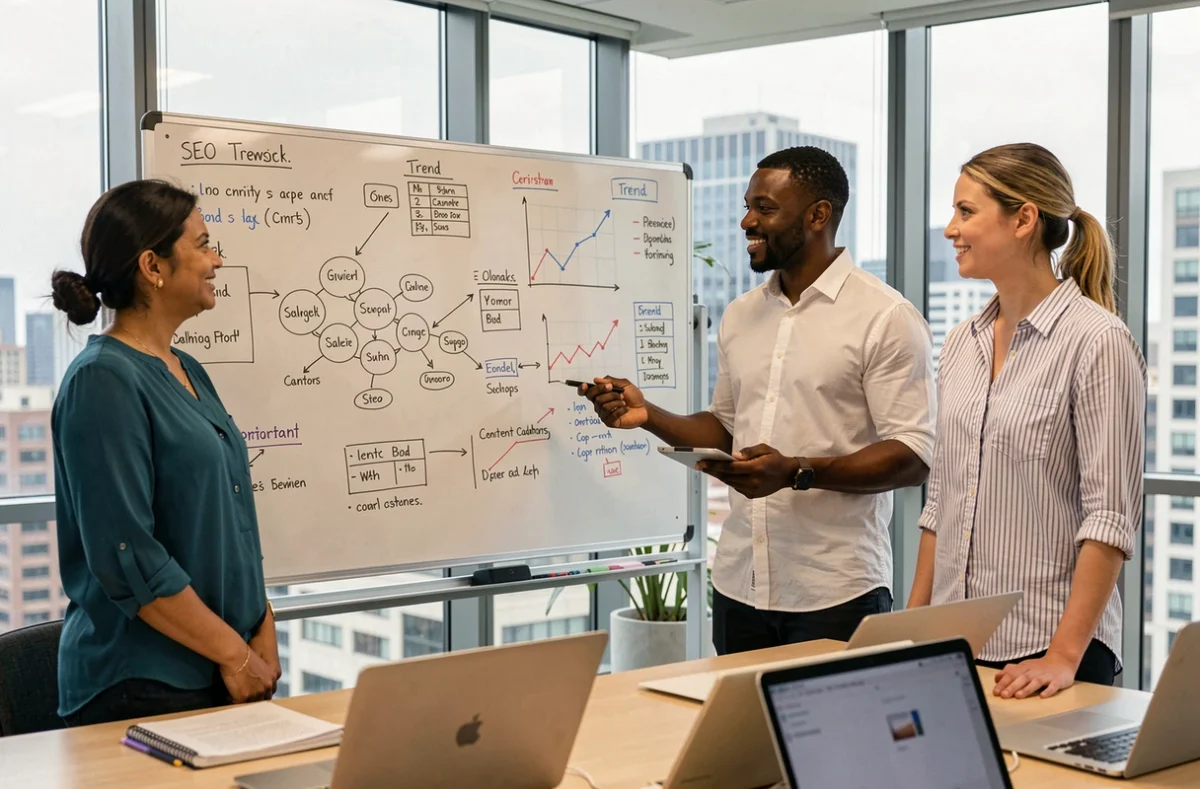 Équipe de professionnels du marketing digital collaborant sur une stratégie de référencement SEO autour d'un tableau blanc dans un bureau moderne