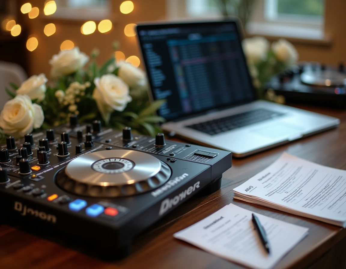 Équipement DJ professionnel et contrat de prestation posés sur une table décorée pour un mariage, vue détaillée