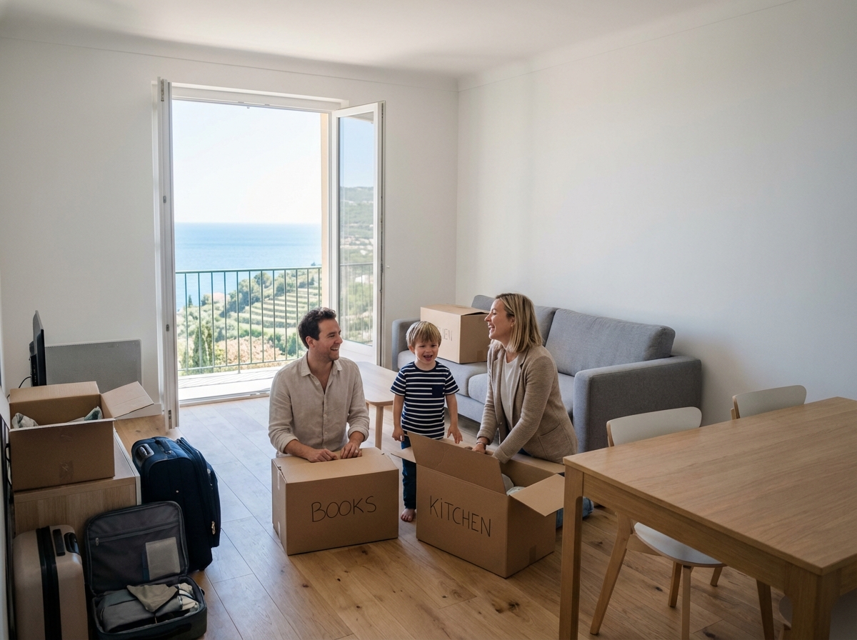 Famille déballant des cartons dans un appartement