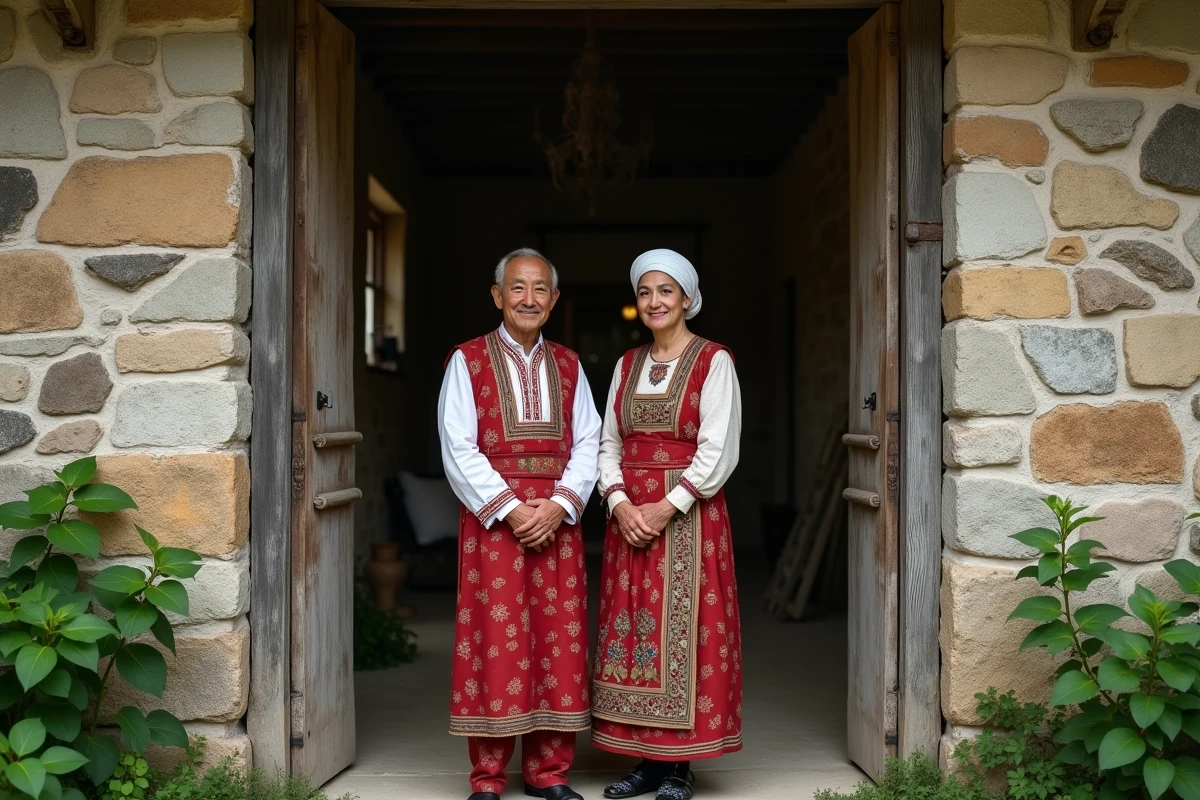 Couple en costume traditionnel devant leur ferme ancienne