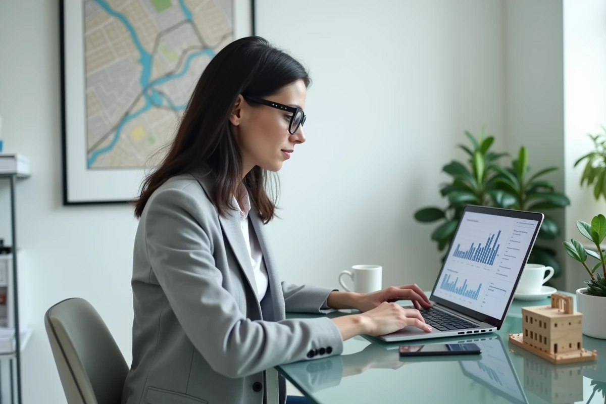 Femme analyste immobilière étudiant des graphiques d'investissement sur un ordinateur portable dans un bureau minimaliste