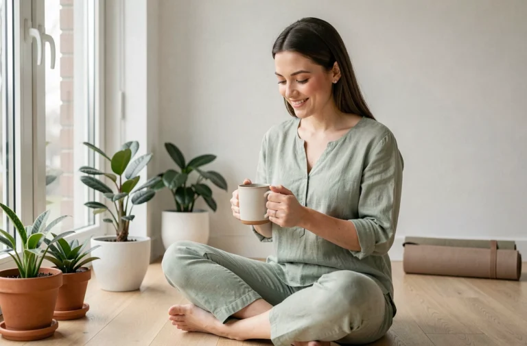 Femme en bonne santé tenant une tasse de tisane dans un appartement minimaliste entouré de plantes vertes, mode de vie bien-être au quotidien