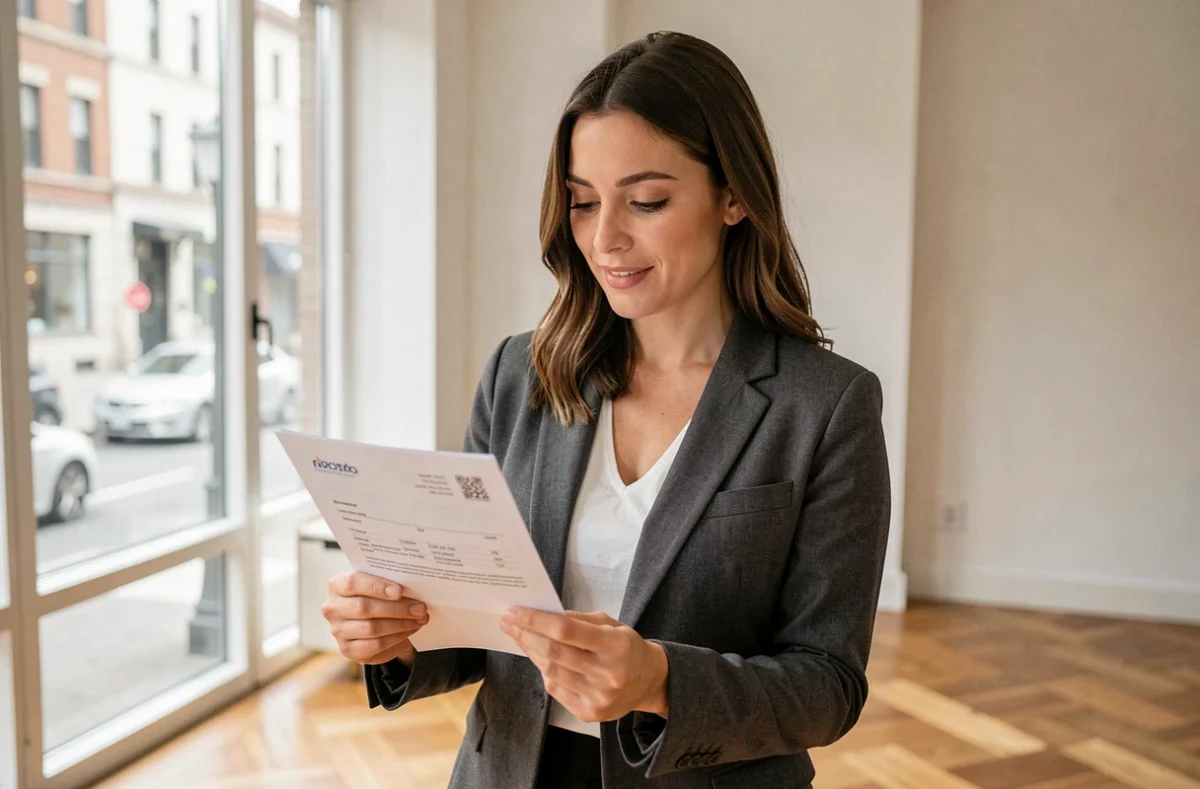 Femme tenant un contrat de location dans un appartement moderne, conseils pour réussir sa location immobilière