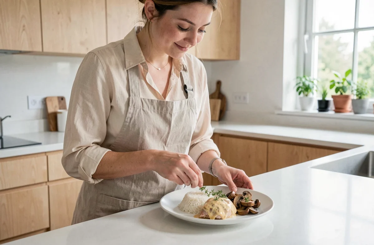 Femme préparant une assiette équilibrée de poulet à la crème avec champignons et riz dans une cuisine moderne