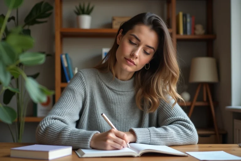 Femme écrivant dans un cahier avec des livres de grammaire française sur un bureau en bois, illustrant la maîtrise du subjonctif et de l'indicatif en français