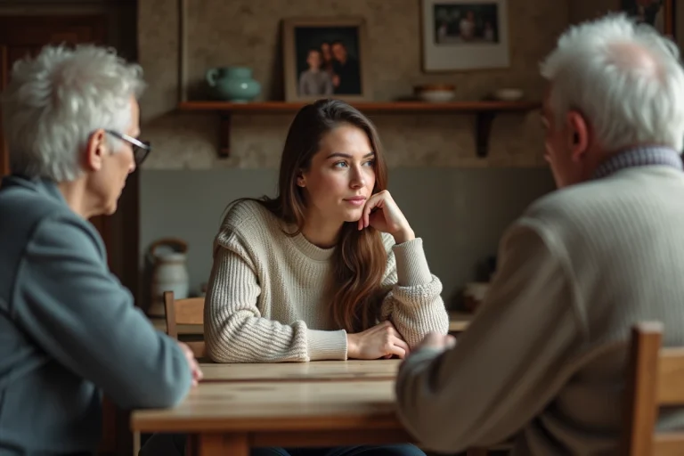 Jeune femme avec ses parents dans une cuisine chaleureuse