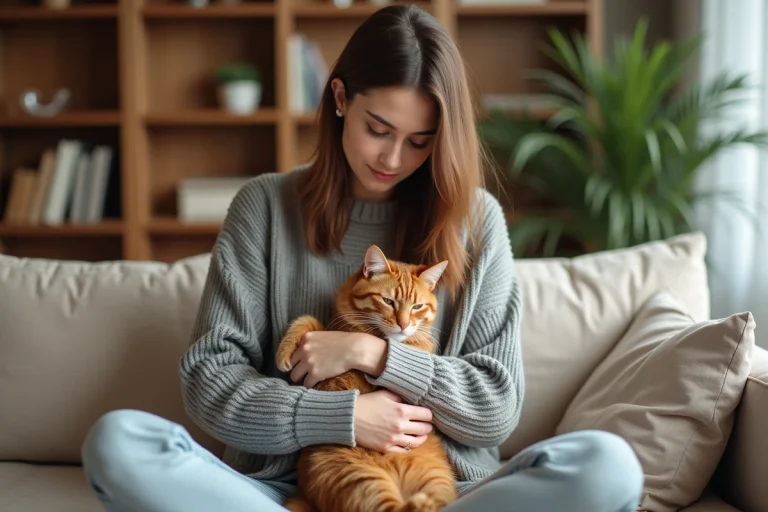 Femme tenant un chat roux dans ses bras à la maison, illustrant la garde de chat par un pet-sitter de confiance