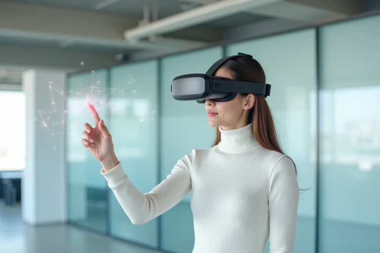 Femme testant un casque de réalité augmentée dans un bureau tech minimaliste moderne