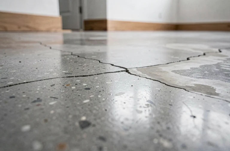 Fissures et microfissures visibles sur un sol en béton quartzé dans un intérieur résidentiel moderne