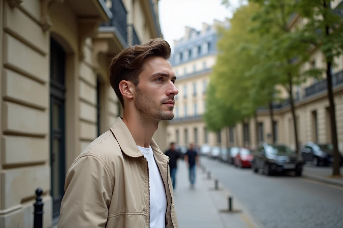 Homme élégant devant un immeuble parisien hausmannien, représentant l'environnement personnel et urbain de Florian Tardif