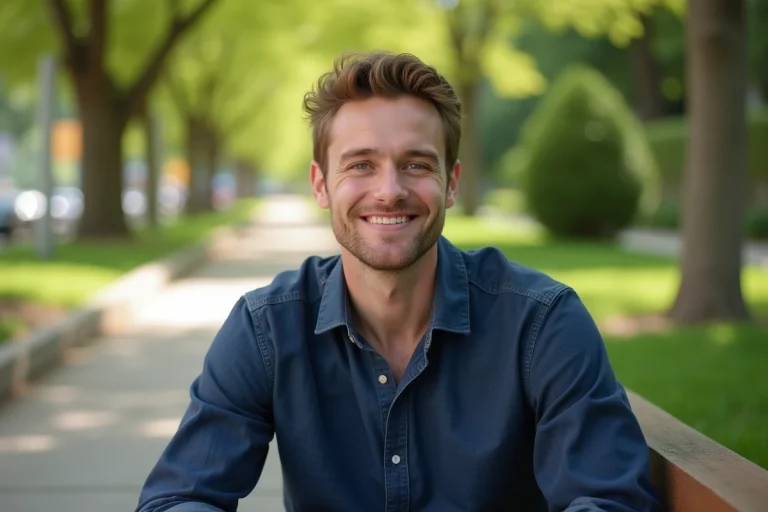Portrait d'un homme aux cheveux bruns dans un parc urbain, illustrant la vie privée de Florian Tardif