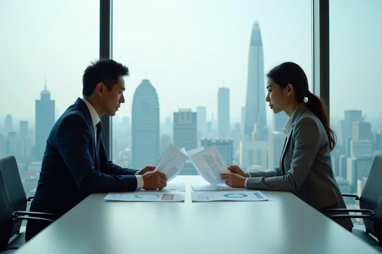 Homme d'affaires japonais et femme d'affaires française analysant des données économiques dans une salle de conférence moderne à Tokyo