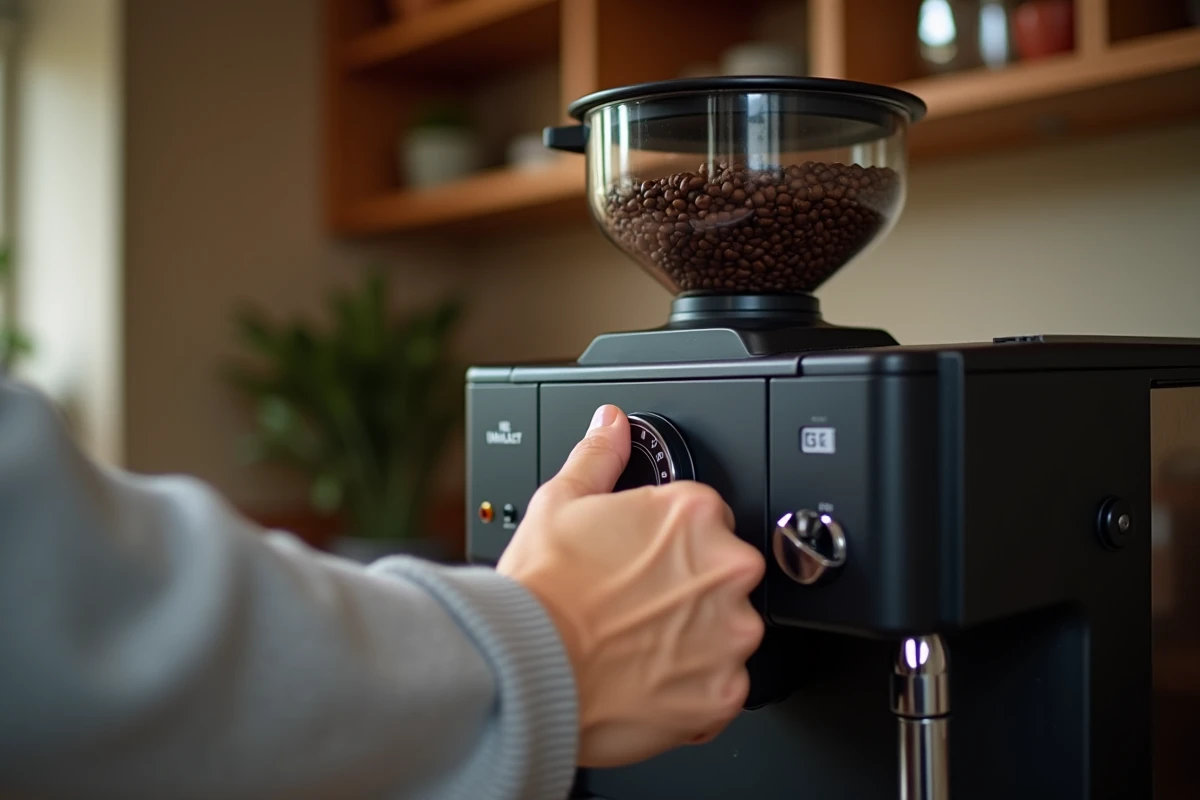 Gros plan sur le bac à grains d'une cafetière automatique avec une main réglant la mouture, cafetière Krups EA815070