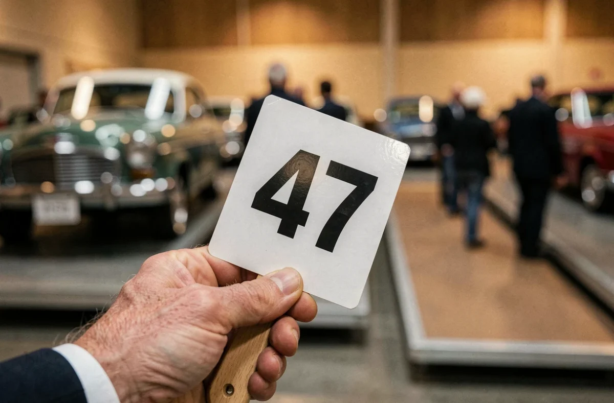 Gros plan sur une palette numérotée tenue par un enchérisseur dans une salle de vente aux enchères automobile