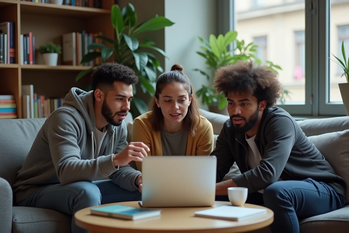 Trois jeunes adultes discutent autour d un ordinateur dans un salon