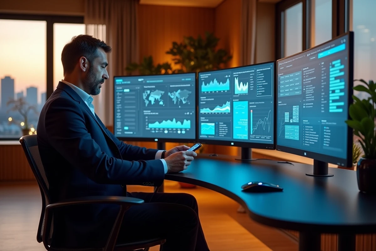 Homme d'affaires utilisant plusieurs écrans OLED et un smartphone pliable dans un bureau connecté
