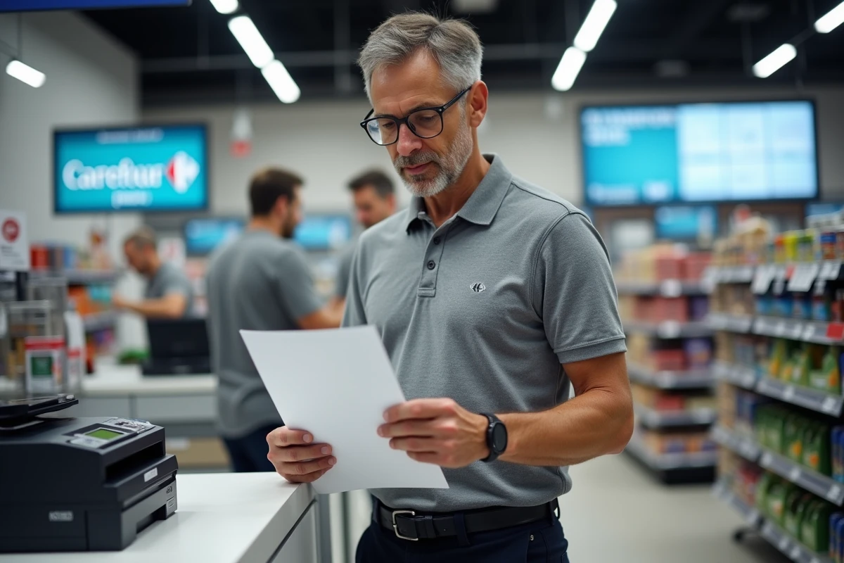 Homme relisant un document imprimé récupéré au service impression de Carrefour