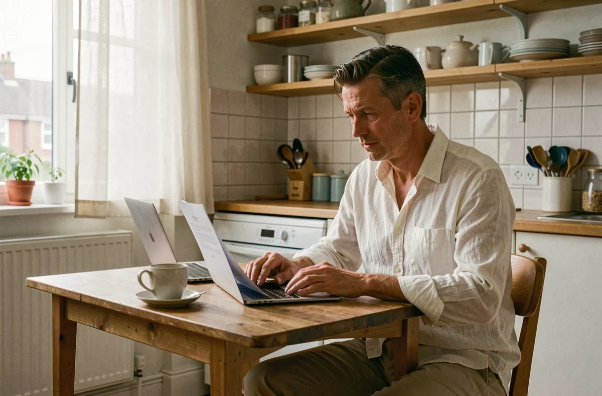 Homme consultant des documents de location sur un ordinateur dans une cuisine, conseils essentiels pour locataire