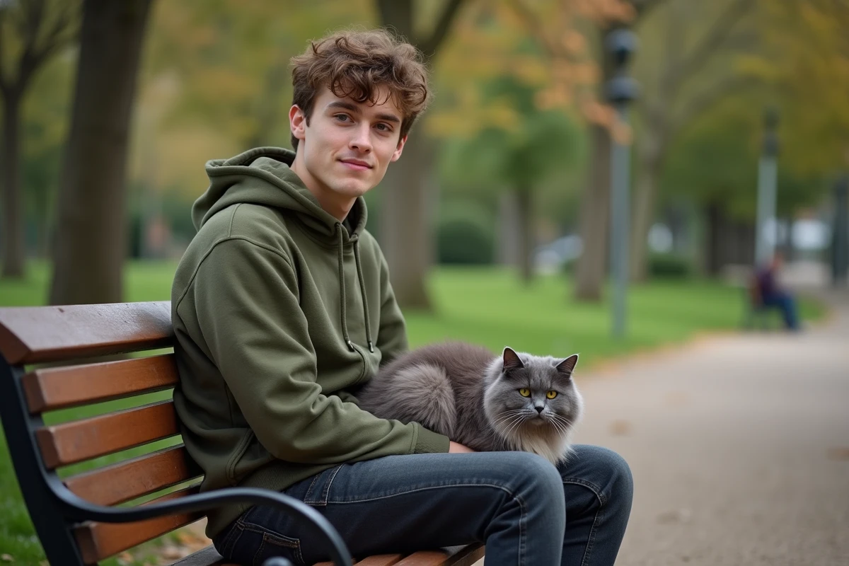 Jeune homme gardant un chat gris sur ses genoux dans un parc urbain, service de pet-sitting gratuit près de chez soi