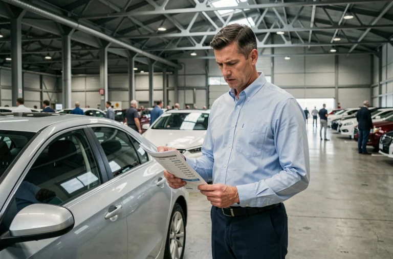 Homme inspectant une voiture lors d'une vente aux enchères automobile dans un grand hall industriel