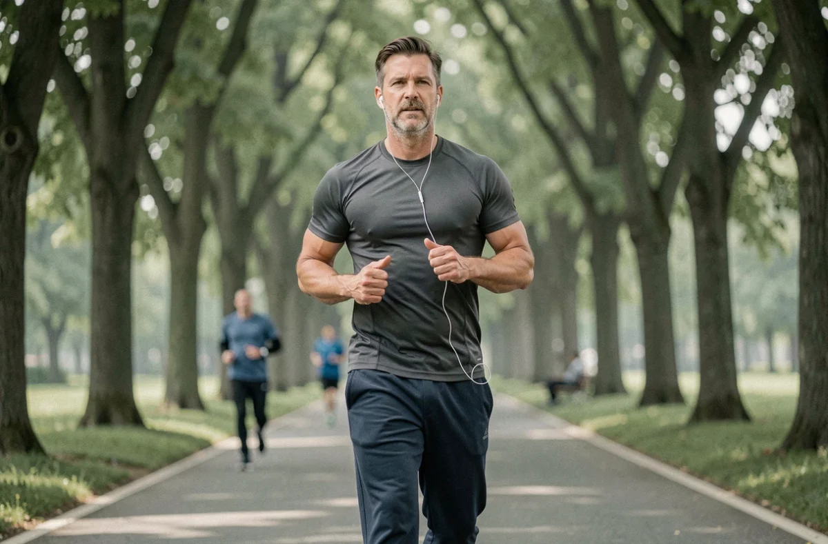 Homme sportif faisant du jogging dans un parc urbain boisé, activité physique et bien-être santé au quotidien en plein air